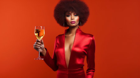 Fashionable African woman holding bottle with sparkling wine and smiling against colorful background : Generative AIの素材