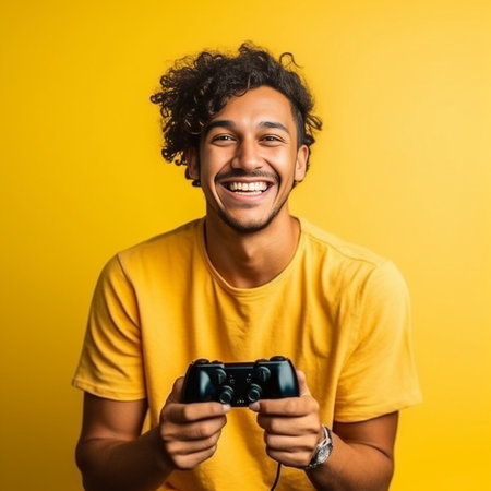 Excited man playing video games and gesturing while sitting on the couch with yellow background : Generative AIの素材