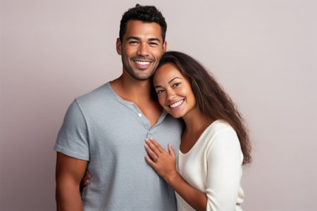 Face to face Beautiful young couple smiling while standing face to face against grey background : Generative AIの素材