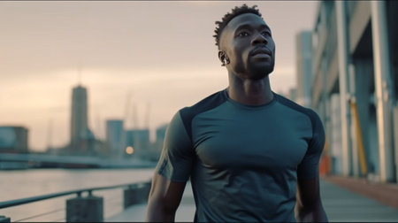 Full of energy Young African man in sports clothing exercising while jogging on the bridge outdoors : Generative AIの素材