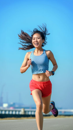 Go Full length of young woman in sports clothing running while exercising outdoors : Generative AIの素材