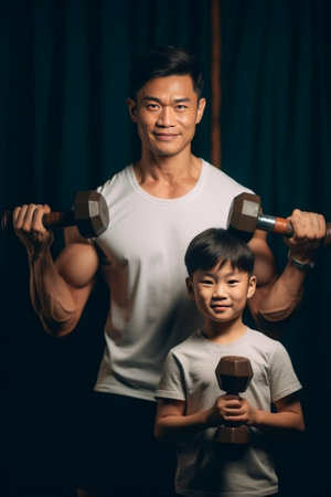 Exercising together Happy father and son exercising with dumbbells and smiling while standing in health club : Generative AIの素材