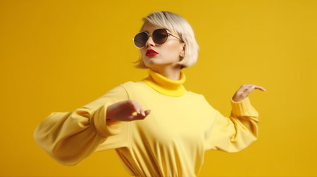 Fashionable young short hair woman in stylish glasses carrying trendy bag against yellow background : Generative AIの素材