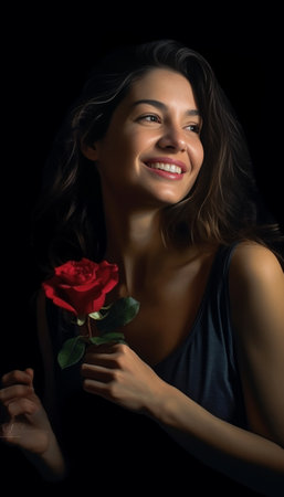 Flower in her mouth Attractive young woman holding a red rose in her mouth and smiling while standing isolated on white : Generative AIの素材