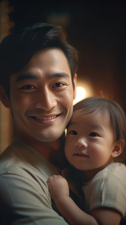 Father and baby Closeup of father holding cute little baby in hands and smiling : Generative AIの素材