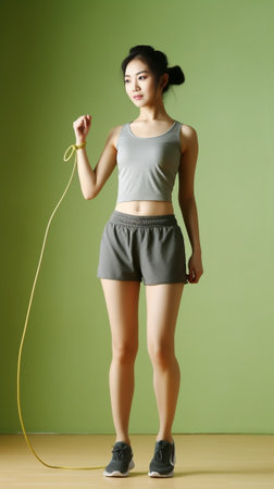 Full length of beautiful young woman in sports clothing using jumping rope on patio : Generative AIの素材