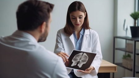Examining xray picture Top view of pregnant woman sitting on sofa and holding xray image of her baby : Generative AIの素材