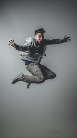Free falling Midair shot of handsome young man falling against grey background : Generative AIの素材