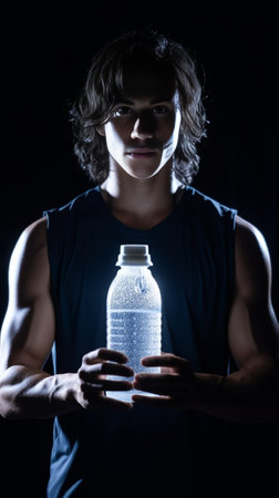 Feeling tired after workout Young muscular man holding a bottle with water and keeping eyes closed while standing against grey background : Generative AIの素材