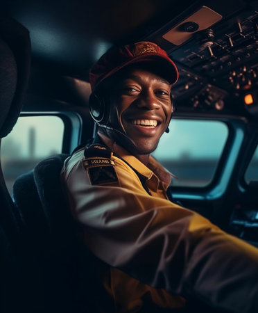 Feeling confident in his plane Confident male pilot in uniform leaning at the passenger seat and smiling while standing inside of the airplane : Generative AIの素材