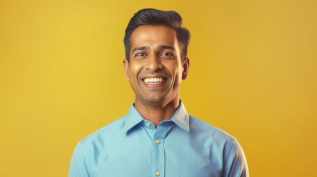 Handsome Indian man leaning at the copy space and smiling against yellow background : Generative AIの素材