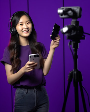 Filming Beautiful young woman in casual wear smiling while recording video : Generative AIの素材