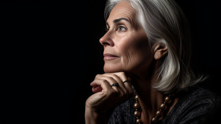 Family problems Side view of depressed mature woman holding hand on chin while sad man sitting on background : Generative AIの素材