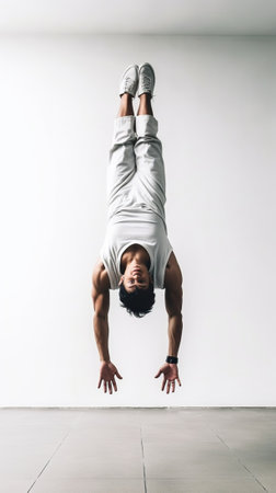 Full length of fit young man doing handstand while exercising in gym : Generative AIの素材
