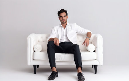 Feeling good Full length of handsome young man in full suit smiling and looking at camera while leaning on the sofa : Generative AIの素材