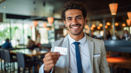 Handsome young smiling businessman making a contactless payment while sitting in the restaurant : Generative AIの素材