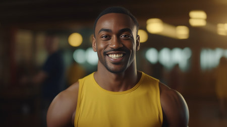 Feeling pain in neck Frustrated young African man touching his neck and keeping eyes closed while standing in gym : Generative AIの素材