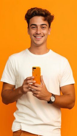 Good looking young man in casual clothing using smart phone and looking at camera while standing against yellow background : Generative AIの素材