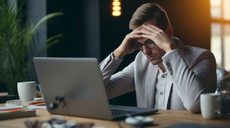 Feeling sick and tired Frustrated young man massaging his nose and keeping eyes closed while sitting at his working place in office : Generative AIの素材
