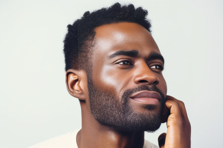 Feeling toothache Frustrated young African man touching his cheek and keeping eyes closed while standing against grey background : Generative AIの素材