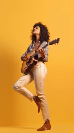 Full length of attractive stylish young woman carrying acoustic guitar and smiling while hovering against grey background : Generative AIの素材