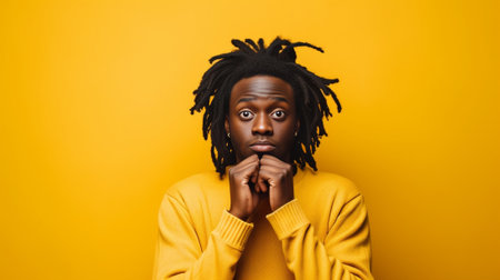 Feeling stressed Frustrated young African man holding fingers on head and looking at camera while standing against grey background : Generative AIの素材