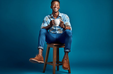 Good talk Cheerful young African man in blue shirt holding a cup of coffee and talking on the mobile phone : Generative AIの素材