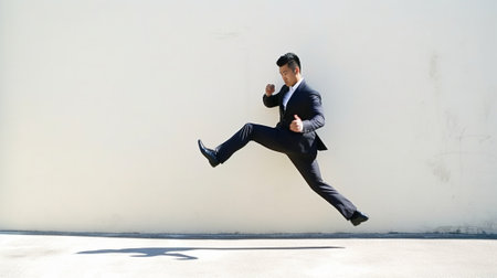 Flying to a new goal Full length of handsome young man in formalwear jumping in front of the concrete wall outdoors : Generative AIの素材