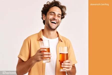 Freshly tapped beer Cheerful young bartender pouring beer and smiling : Generative AIの素材