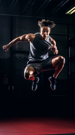 Full length of handsome young man jumping with rope while exercising in gym : Generative AIの素材
