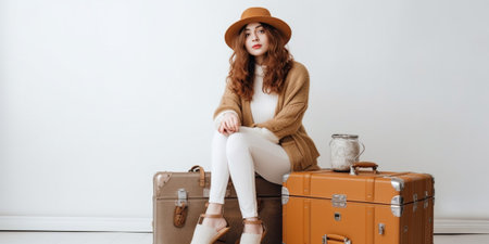 Finally ready Beautiful young woman keeping eyes closed and smiling while sitting on the closed suitcase : Generative AIの素材