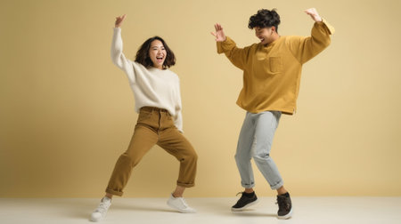 Full length of young heterosexual couple smiling and dancing while bonding together at home : Generative AIの素材