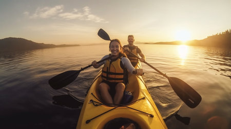 Enjoying nice time on river together Low angle view of beautiful young couple kayaking on river together and smiling with sunset in the background : Generative AIの素材