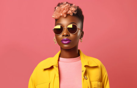 Happy young short hair woman in trendy glasses standing against yellow background : Generative AIの素材