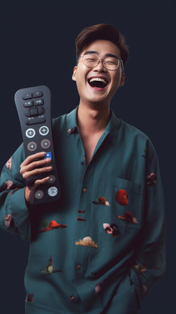 Happy young man using remote control while jumping on the couch against green background : Generative AIの素材