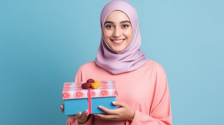 Happy young woman carrying gift boxes while standing against blue background : Generative AIの素材