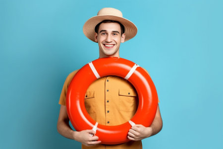 Handsome African man carrying inflatable ring and smiling while standing against red : Generative AIの素材