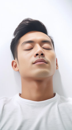 Happy day dreamer Top view of handsome young man in shirt and tie holding hands behind head and smiling while lying in bed : Generative AIの素材