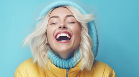 Happy young woman in fluffy coat holding hands behind head against blue background : Generative AIの素材