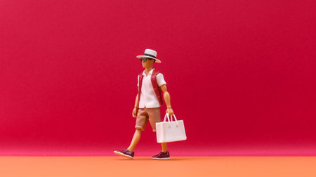 Happy African man carrying cooler box while walking against red background : Generative AIの素材