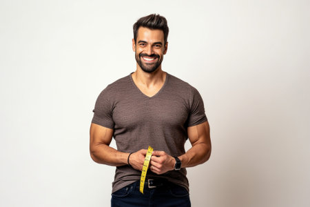 Handsome young smiling man in casual clothing measuring copy space : Generative AIの素材