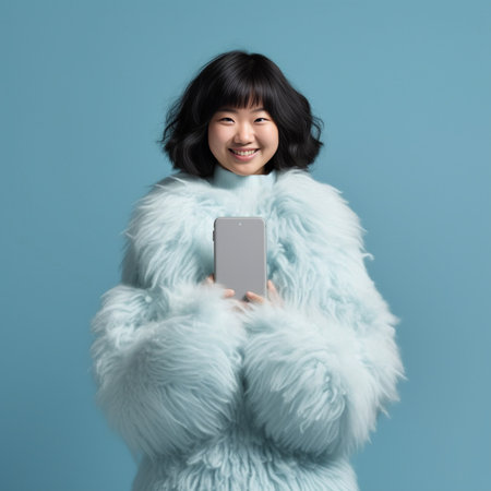 Happy young woman in fluffy coat blowing a kiss while standing against blue background : Generative AIの素材