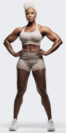 Happy African woman in sports clothing exercising with dumbbells against gray background : Generative AIの素材