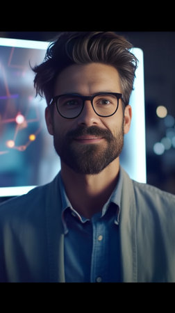 Handsome young man holding his eyeglasses and looking at camera with smile while staying late in the office : Generative AIの素材