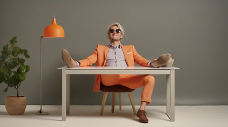 Happy mature man in smart casual wear holding legs on desk while taking a break after work in office : Generative AIの素材