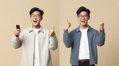 Happy young man holding smart phone and gesturing while standing against brown background : Generative AIの素材