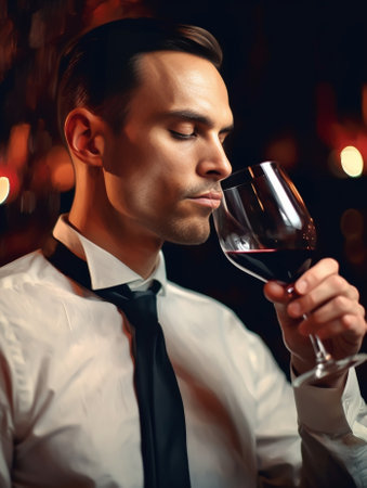 Enjoying the best wine Confident young man in waistcoat and bow tie keeping eyes closed while holding wine glass with red wine and smelling it : Generative AIの素材