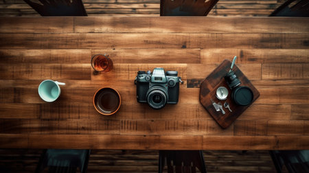 Copy space for something special Top view of diverse equipment for photographer laying on the wooden grain : Generative AIの素材