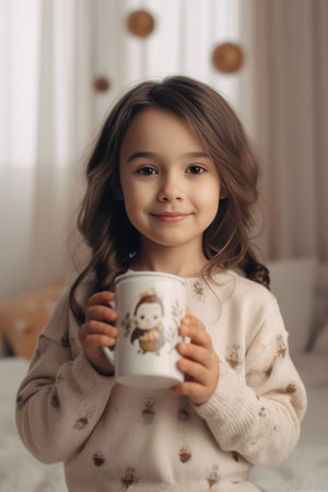 Easter fun Cute little girl holding an Easter egg and smiling while sitting on the pillow with decoration in the background : Generative AIの素材