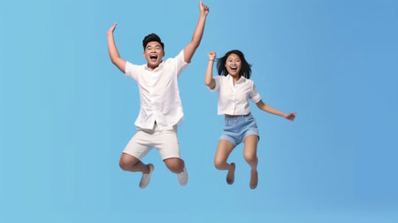 Enjoying fun time together Midair shot of beautiful young cheerful couple holding hands while jumping on trampoline together with confetti all around them : Generative AIの素材